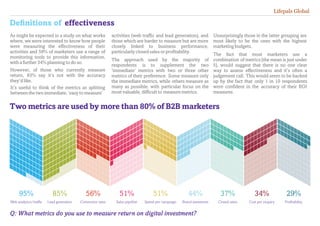 Definitions of effectiveness
95% 85% 56% 51% 51% 44% 37% 34% 29%
Web analytics/traffic Lead generation Conversion rates Sales pipeline Spend per campaign Brand awareness Closed sales Cost per enquiry Profitability
Two metrics are used by more than 80% of B2B marketers
As might be expected in a study on what works
where, we were interested to know how people
were measuring the effectiveness of their
activities and 59% of marketers use a range of
monitoring tools to provide this information,
with a further 34% planning to do so.
However, of those who currently measure
return, 83% say it’s not with the accuracy
they’d like.
It’s useful to think of the metrics as splitting
between the two immediate, ‘easy to measure’
activities (web traffic and lead generation), and
those which are harder to measure but are more
closely linked to business performance,
particularly closed sales or profitability.
The approach used by the majority of
respondents is to supplement the two
‘immediate’ metrics with two or three other
metrics of their preference. Some measure only
the immediate metrics, while others measure as
many as possible, with particular focus on the
most valuable, difficult to measure metrics.
Unsurprisingly those in the latter grouping are
most likely to be the ones with the highest
marketing budgets.
The fact that most marketers use a
combination of metrics (the mean is just under
5), would suggest that there is no one clear
way to assess effectiveness and it’s often a
judgement call. This would seem to be backed
up by the fact that only 1 in 10 respondents
were confident in the accuracy of their ROI
measures.
Q: What metrics do you use to measure return on digital investment?
Lifepals Global
 
