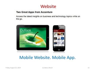 Website
Friday, August 22, 2014 (c) Atanu Ghosh
Mobile Website. Mobile App.
13
 