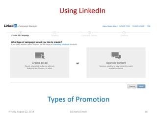 Using LinkedIn
Friday, August 22, 2014 (c) Atanu Ghosh
Types of Promotion
36
 