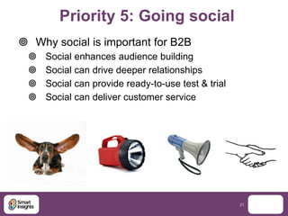 Priority 5: Going social
 Why social is important for B2B
    Social enhances audience building
    Social can drive de...