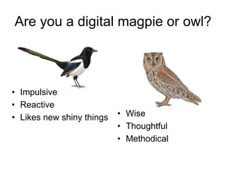 Are you a digital magpie or owl?




• Impulsive
• Reactive
• Likes new shiny things   • Wise
                           •...
