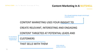 G o T o M a r k e t S t r a t e g y & P l a n
This is thought leadership, brought to life through
compelling content
It’s not aimed at
everyone but at
targeted leads.
Incites action by
guiding not forcing
CONTENT MARKETING USES YOUR INSIGHT TO
CREATE RELEVANT, INTERESTING AND ENGAGING
CONTENT TARGETED AT POTENTIAL LEADS AND
CUSTOMERS
THAT SELLS WITH THEM
12
Content Marketing In A NUTSHELL
 