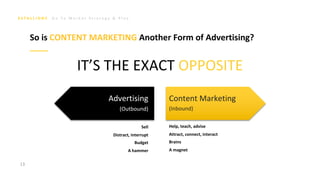 G o T o M a r k e t S t r a t e g y & P l a n
IT’S THE EXACT OPPOSITE
Advertising
(Outbound)
Sell
Distract, interrupt
Budget
A hammer
Content Marketing
(Inbound)
Help, teach, advise
Attract, connect, interact
Brains
A magnet
13
So is CONTENT MARKETING Another Form of Advertising?
 