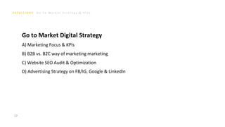 G o T o M a r k e t S t r a t e g y & P l a n
Go to Market Digital Strategy
A) Marketing Focus & KPIs
B) B2B vs. B2C way of marketing marketing
C) Website SEO Audit & Optimization
D) Advertising Strategy on FB/IG, Google & LinkedIn
17
 