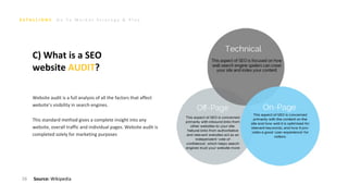 G o T o M a r k e t S t r a t e g y & P l a n
26
C) What is a SEO
website AUDIT?
Website audit is a full analysis of all the factors that affect
website’s visibility in search engines.
This standard method gives a complete insight into any
website, overall traffic and individual pages. Website audit is
completed solely for marketing purposes
Source: Wikipedia
 