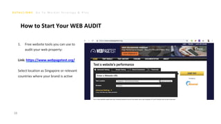 G o T o M a r k e t S t r a t e g y & P l a n
28
How to Start Your WEB AUDIT
1. Free website tools you can use to
audit your web property:
Link: https://www.webpagetest.org/
Select location as Singapore or relevant
countries where your brand is active
 