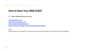 G o T o M a r k e t S t r a t e g y & P l a n
29
How to Start Your WEB AUDIT
2. Other website links you can use
https://gtmetrix.com/
https://tools.pingdom.com/
https://www.webpagetest.org/
https://developers.google.com/speed/pagespeed/insights/
Note:
Select location as Singapore or relevant nearest countries where your brand is active (if possible)
 