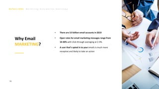 M a r k e t i n g A u t o m a t i o n B o o t c a m p
66
Why Email
MARKETING?
• There are 3.9 billion email accounts in 2019
• Open rates for email marketing messages range from
10-30% with click-through averaging at 2-3%.
• A user that’s opted in to your emails is much more
receptive and likely to take an action
 