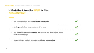 M a r k e t i n g A u t o m a t i o n B o o t c a m p
72
Is Marketing Automation RIGHT For Your
ORGANIZATION?
• Your customer buying process lasts longer than a week
• Sending emails alone does not seem to drive sales
• Your marketing team needs an easier way to create and send targeted, multi-
touch email campaigns
• You sell different products or services to different demographics
 
