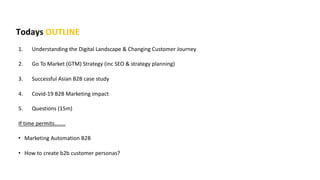 1. Understanding the Digital Landscape & Changing Customer Journey
2. Go To Market (GTM) Strategy (inc SEO & strategy planning)
3. Successful Asian B2B case study
4. Covid-19 B2B Marketing impact
5. Questions (15m)
If time permits……..
• Marketing Automation B2B
• How to create b2b customer personas?
Todays OUTLINE
 