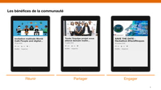 6
PartagerRéunir Engager
Les bénéfices de la communauté
 