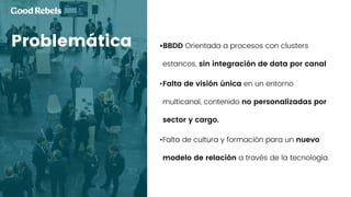 Problemática •BBDD Orientada a procesos con clusters
estancos, sin integración de data por canal
•Falta de visión única en un entorno
multicanal, contenido no personalizadas por
sector y cargo.
•Falta de cultura y formación para un nuevo
modelo de relación a través de la tecnología.
 