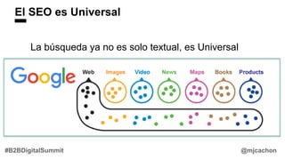 El SEO es Universal
La búsqueda ya no es solo textual, es Universal
@mjcachon#B2BDigitalSummit
 