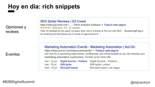 Hoy en día: rich snippets
@mjcachon#B2BDigitalSummit
Opiniones y
reviews
Eventos
 