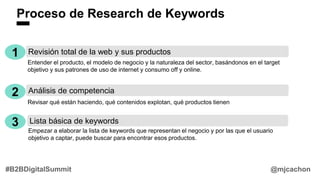 Proceso de Research de Keywords
1 Revisión total de la web y sus productos
Entender el producto, el modelo de negocio y la naturaleza del sector, basándonos en el target
objetivo y sus patrones de uso de internet y consumo off y online.
2 Análisis de competencia
Revisar qué están haciendo, qué contenidos explotan, qué productos tienen
3 Lista básica de keywords
Empezar a elaborar la lista de keywords que representan el negocio y por las que el usuario
objetivo a captar, puede buscar para encontrar esos productos.
@mjcachon#B2BDigitalSummit
 