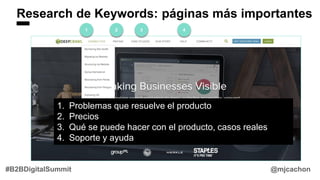 Research de Keywords: páginas más importantes
@mjcachon#B2BDigitalSummit
1 2 3 4
1. Problemas que resuelve el producto
2. Precios
3. Qué se puede hacer con el producto, casos reales
4. Soporte y ayuda
 
