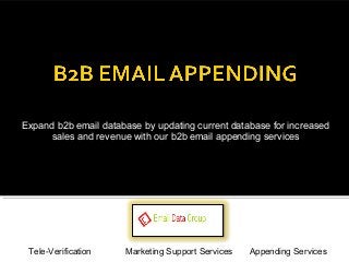 Expand b2b email database by updating current database for increased
sales and revenue with our b2b email appending services
Tele-Verification Marketing Support Services Appending Services
 