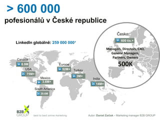 > 600 000
pofesionálů v České republice
Česko:
600 tis.+

LinkedIn globálně: 259 000 000+

Managers, Directors, CXO,
General Managers,
Partners, Owners

Canada
6.9M
+ USA

500K

Europe
52M+

75M+
Mexico
3.6M+

Turkey
3M+

India
14M+

South America
29.6M

Autor: Daniel Zaiček – Marketing manager B2B GROUP

 