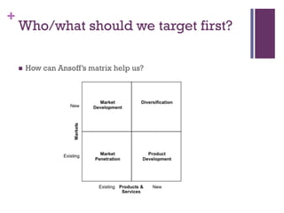 +

Who/what should we target first?


How can Ansoff’s matrix help us?

 