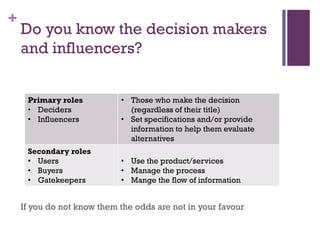 +

Do you know the decision makers
and influencers?
Primary roles
• Deciders
• Influencers

Secondary roles
• Users
• Buyers
• Gatekeepers

• Those who make the decision
(regardless of their title)
• Set specifications and/or provide
information to help them evaluate
alternatives
• Use the product/services
• Manage the process
• Mange the flow of information

If you do not know them the odds are not in your favour

 