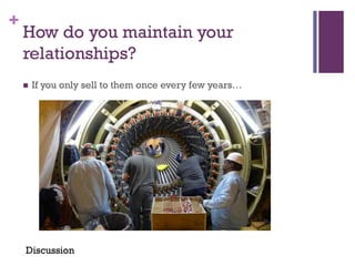 +

How do you maintain your
relationships?


If you only sell to them once every few years…

Discussion

 