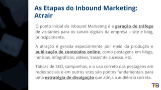 As Etapas do Inbound Marketing:
Atrair
O ponto inicial do Inbound Marketing é a geração de tráfego
de visitantes para os canais digitais da empresa – site e blog,
principalmente.
A atração é gerada especialmente por meio da produção e
publicação de conteúdos online, como postagens em blogs,
notícias, infográficos, vídeos, ’cases’ de sucesso, etc.
Táticas de SEO, campanhas, e o uso correto das postagens em
redes sociais e em outros sites são pontos fundamentais para
uma estratégia de divulgação que atinja a audiência correta.
 