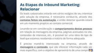 As Etapas do Inbound Marketing:
Relacionar
Os leads cadastrados estarão em vários estágios de seu interesse
pela solução da empresa, é necessário conduzi-lo, através dos
contatos feitos via automação, e então detectar quando estará
em um momento propício ao contato comercial.
Levando-se em consideração o comportamento destas pessoas
em relação às mensagens da empresa, páginas acessadas no site,
conteúdos de interesse, etc., é possível ter uma ideia do tipo de
lead que estamos recebendo e tratá-lo de forma adequada.
É preciso mantê-lo interessado na empresa, através de
mensagens e conteúdo, que vão oferecer informação cada vez
mais específica, com o objetivo de aproximá-lo de uma compra.
 