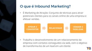 O que é Inbound Marketing?
• É Marketing de Atração: Conjunto de técnicas para atrair
potenciais clientes para os canais online de uma empresa e
efetuar vendas.
• Trabalha o desenvolvimento de um relacionamento da
empresa com contatos conseguidos via web, com o objetivo
de transforma-los de um lead em um cliente
ATRAIR E
CONVERTER
RELACIONAR
VENDER E
FIDELIZAR
 