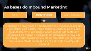 As bases do Inbound Marketing
SEO
A produção e divulgação de informações relacionadas ao negócio
e relevantes para o leitor, como forma de educa-lo no assunto,
gerando interesse, confiança e oportunidades de contatos e
negócios. Esta criação e divulgação de informações através de
sites, blogs, redes sociais, etc é o motor central de um necessário
posicionamento da empresa na web e de toda estratégia de
Inbound
CONTEÚDO AUTOMAÇÃO
 