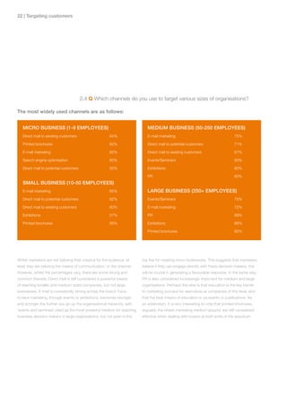 22 | Targeting customers




                                        2.4 Q Which channels do you use to target various sizes of organisations?

The most widely used channels are as follows:


   MICRO BuSINESS (1-9 EMPLOYEES)                                           MEDIuM BuSINESS (50-250 EMPLOYEES)
   Direct mail to existing customers                     64%                E-mail marketing                                     75%

   Printed brochures                                     62%                Direct mail to potential customers                   71%

   E-mail marketing                                      62%                Direct mail to existing customers                    67%

   Search engine optimisation                            60%                Events/Seminars                                      60%

   Direct mail to potential customers                    55%                Exhibitions                                          60%

                                                                            PR                                                   60%
   SMALL BuSINESS (10-50 EMPLOYEES)
   E-mail marketing                                      65%                LARGE BuSINESS (250+ EMPLOYEES)
   Direct mail to potential customers                    62%                Events/Seminars                                      75%

   Direct mail to existing customers                     60%                E-mail marketing                                     72%

   Exhibitions                                           57%                PR                                                   69%

   Printed brochures                                     56%                Exhibitions                                          66%

                                                                            Printed brochures                                    65%




Whilst marketers are not tailoring their creative for the audience, at   top five for meeting micro-businesses. This suggests that marketers
least they are tailoring the means of communication, or the channel.     believe if they can engage directly with these decision makers, this
However, whilst the percentages vary, there are some strong and          will be crucial in generating a favourable response. In the same way,
common themes. Direct mail is still considered a powerful means          PR is also considered increasingly important for medium and large
of reaching smaller and medium-sized companies, but not large            organisations. Perhaps the view is that education is the key barrier
businesses. E-mail is consistently strong across the board. Face-        to marketing success for executives at companies of this level, and
to-face marketing, through events or exhibitions, becomes stronger       that the best means of education is via events or publications. As
and stronger the further you go up the organisational hierarchy, with    an addendum, it is very interesting to note that printed brochures,
‘events and seminars’ cited as the most powerful medium for reaching     arguably the oldest marketing medium around, are still considered
business decision makers in large organisations, but not even in the     effective when dealing with buyers at both ends of the spectrum.
 