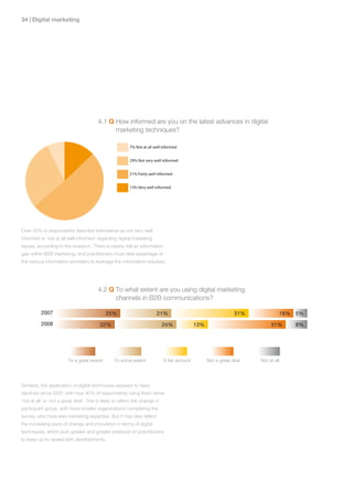 he local area                                                              3% Within the local area



                 | Digital marketing



    million                                                                47% Yes                                                                      58% Yes


million                                                                    53% No                                                                       37% No


million


illion


on




                                                         4.1 Q How informed are you on the latest advances in digital
                                                               marketing techniques?

                                                                           7% Not at all well informed                                                  7% Other


                                                                           29% Not very well informed                                                   19% IT


                                                                           51% Fairly well informed                                                     71% Marketing


                                                                           13% Very well informed




                Over 35% of respondents describe themselves as not very well
                informed or ‘not at all well informed’ regarding digital marketing
                   2008
                issues, according to the research. There is clearly still an information
                                                                             15% No
                gap within B2B marketing, and practitioners must take advantage of
                the various information providers to leverage the information required.
                                                                        56% Yes for
gns                                                                          some campaigns

                                                                             30% Yes for
s                                                                            all campaigns

                                                         4.2 Q To what extent are you using digital marketing
                                                               channels in B2B communications?

                          2007                               25%                          21%                                    31%                18% 5%
                          2008                            22%                                 24%             13%                           31%        8%

                  2008

e                                                                            26% Yes for some campaigns

                                         To a great extent        To some extent              A fair amount         Not a great deal   Not at all
                                                                             74% Agree




                Similarly, the application of digital techniques appears to have
                declined since 2007, with now 40% of respondents using them either
                ‘not at all’ or ‘not a great deal’. This is likely to reflect the change in
                participant group, with more smaller organisations completing the
                survey, who have less marketing expertise. But it may also reflect
                the increasing pace of change and innovation in terms of digital
                techniques, which puts greater and greater pressure on practitioners
                to 2008 up-to-speed with developments.
                    keep

e                                                                            51% Disagree


                                                                             49% Agree
 