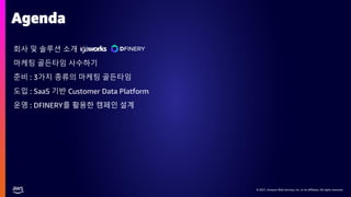 © 2021, Amazon Web Services, Inc. or its affiliates. All rights reserved.
회사 및 솔루션 소개
마케팅 골든타임 사수하기
준비 : 3가지 종류의 마케팅 골든타임
도입 : SaaS 기반 Customer Data Platform
운영 : DFINERY를 활용한 캠페인 설계
Agenda
 