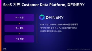 © 2021, Amazon Web Services, Inc. or its affiliates. All rights reserved.
SaaS 기반 Customer Data Platform,
SaaS 기반 Customer Data Platform을 활용하여
데이터 전환, 솔루션 구축, 기능성 확장 측면의
마케팅 골든타임 사수 가능
+
+
적시 도입
즉시 활용
기능 확장
 