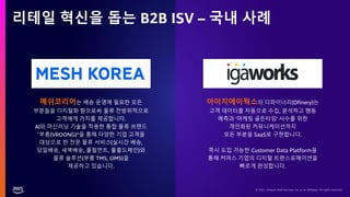 © 2021, Amazon Web Services, Inc. or its affiliates. All rights reserved.
리테일 혁신을 돕는 B2B ISV – 국내 사례
메쉬코리아는 배송 운영에 필요한 모든
부분들을 디지털화 함으로써 물류 전방위적으로
고객에게 가치를 제공합니다.
AI와 머신러닝 기술을 적용한 통합 물류 브랜드
“부릉(VROONG)“을 통해 다양한 기업 고객을
대상으로 한 전문 물류 서비스(실시간 배송,
당일배송, 새벽배송, 풀필먼트, 풀콜드체인)와
물류 솔루션(부릉 TMS, OMS)을
제공하고 있습니다.
아이지에이웍스의 디파이너리(Dfinery)는
고객 데이터를 자동으로 수집, 분석하고 행동
예측과 '마케팅 골든타임' 사수를 위한
개인화된 커뮤니케이션까지
모든 부분을 SaaS로 구현합니다.
즉시 도입 가능한 Customer Data Platform을
통해 커머스 기업의 디지털 트랜스포메이션을
빠르게 완성합니다.
 