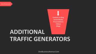 ADDITIONAL
TRAFFIC GENERATORS
OneBusinessAvenue.Com
Identifying leads
Content Is King
Social Media
Presentations
Videos
Blogs
 