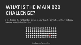 WHAT IS THE MAIN B2B
CHALLENGE?
OneBusinessAvenue.Com
In most cases, the right contact person in your target organization will not find you,
you must invest in locating him.
 