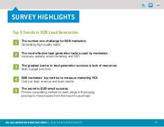 SURVEY HIGHLIGHTS
      Top-5 Trends in B2B Lead Generation
              The number one challenge for B2B marketers:
        1     Generating high-quality leads

              The most effective lead generation tactics used by marketers:
        2     company website, email marketing and SEO

              The greatest barrier to lead generation success is lack of resources:
        3     Staff, budget and time

              B2B marketers’ top metrics to measure marketing ROI:
        4     Cost per lead, revenue and lead volume

              The secret to B2B email success:
        5     Provide compelling content for each stage in the buying
              process to move buyers from first touch to purchase




B2B LEAD GENERATION MARKETING TRENDS | Read the 2013 survey results                   2
 