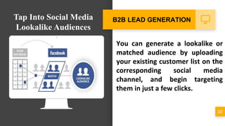 You can generate a lookalike or
matched audience by uploading
your existing customer list on the
corresponding social media
channel, and begin targeting
them in just a few clicks.
23
B2B LEAD GENERATIONTap Into Social Media
Lookalike Audiences
 