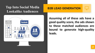 Assuming all of these ads have a
good quality score, the ads shown
to these matched audiences are
bound to generate high-quality
leads.
25
B2B LEAD GENERATIONTap Into Social Media
Lookalike Audiences
 