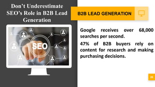 Google receives over 68,000
searches per second.
47% of B2B buyers rely on
content for research and making
purchasing decisions.
26
B2B LEAD GENERATION
Don’t Underestimate
SEO’s Role in B2B Lead
Generation
 