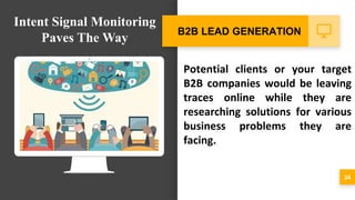 Potential clients or your target
B2B companies would be leaving
traces online while they are
researching solutions for various
business problems they are
facing.
34
B2B LEAD GENERATION
Intent Signal Monitoring
Paves The Way
 