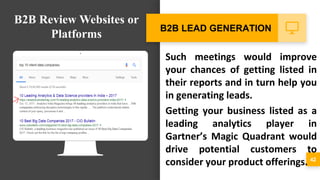 Such meetings would improve
your chances of getting listed in
their reports and in turn help you
in generating leads.
Getting your business listed as a
leading analytics player in
Gartner’s Magic Quadrant would
drive potential customers to
consider your product offerings. 42
B2B LEAD GENERATION
B2B Review Websites or
Platforms
 
