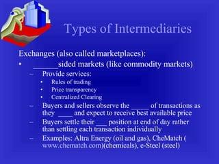 Types of Intermediaries Exchanges (also called marketplaces): ______sided markets (like commodity markets) Provide services: Rules of trading Price transparency Centralized Clearing Buyers and sellers observe the _____ of transactions as they  ____ and expect to receive best available price Buyers settle their ___ position at end of day rather than settling each transaction individually Examples: Altra Energy (oil and gas), CheMatch ( www.chematch.com )(chemicals), e-Steel (steel) 