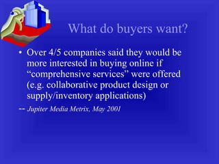 What do buyers want? Over 4/5 companies said they would be more interested in buying online if “comprehensive services” were offered (e.g. collaborative product design or supply/inventory applications) --  Jupiter Media Metrix, May 2001 