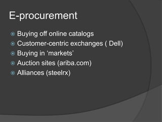E-procurementBuying off online catalogsCustomer-centric exchanges ( Dell)Buying in ‘markets’Auction sites (ariba.com)Alliances (steelrx)