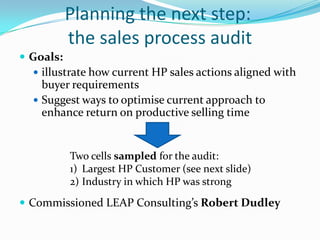 Planning the next step:
           the sales process audit
 Goals:
   illustrate how current HP sales actions aligned with
    buyer requirements
   Suggest ways to optimise current approach to
    enhance return on productive selling time


           Two cells sampled for the audit:
           1) Largest HP Customer (see next slide)
           2) Industry in which HP was strong

 Commissioned LEAP Consulting’s Robert Dudley
 