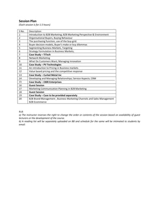Session Plan 
(Each session is for 1.5 hours) 
 
S No.     Description 
1         Introduction to B2B Marketing; B2B Marketing Perspective & Environment
2         Organisational Buyers, Buying Behaviour
3         The purchasing function, use of the buy‐grid. 
4         Buyer decision models, Buyer’s make or buy dilemmas
5         Segmenting Business Markets, Targeting
6         Strategy Formulation in Business Markets;
7         Case Study – TiTech 
8         Network Marketing 
9         What Do Customers Want; Managing innovation
10        Case Study – PV Technologies 
11        An introduction to Pricing in Business markets
12        Value based pricing and the competitive response
13        Case Study – Curled Metal Inc 
14        Developing and Managing Relationships; Service Aspects; CRM 
15        Case Study – CMR Enterprises 
16        Guest Session 
17        Marketing Communication Planning in B2B Marketing
18        Guest Session 
19        Case Study – Case to be provided separately
20        B2B Brand Management , Business Marketing Channels and Sales Management 
          B2B Ecommerce 
 
 
N.B:  
a) The instructor reserves the right to change the order or contents of the session based on availability of guest 
lecturers or the development of the course.  
b) A reading list will be separately uploaded on BB and schedule for the same will be intimated to students by 
email. 
 