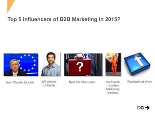Top 5 influencers of B2B Marketing in 2015?
Jean-Claude Juncker Jeff Weiner-
LinkedIn
?
Next UK Chancellor Joe Pulizzi
– Content
Marketing
Institute
Facebook at Work
 