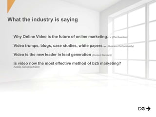 What the industry is saying
Why Online Video is the future of online marketing… (The Guardian)
Video trumps, blogs, case studies, white papers… (Business To Community)
Video is the new leader in lead generation (Content Standard)
Is video now the most effective method of b2b marketing?
(Mobile marketing Watch)
 