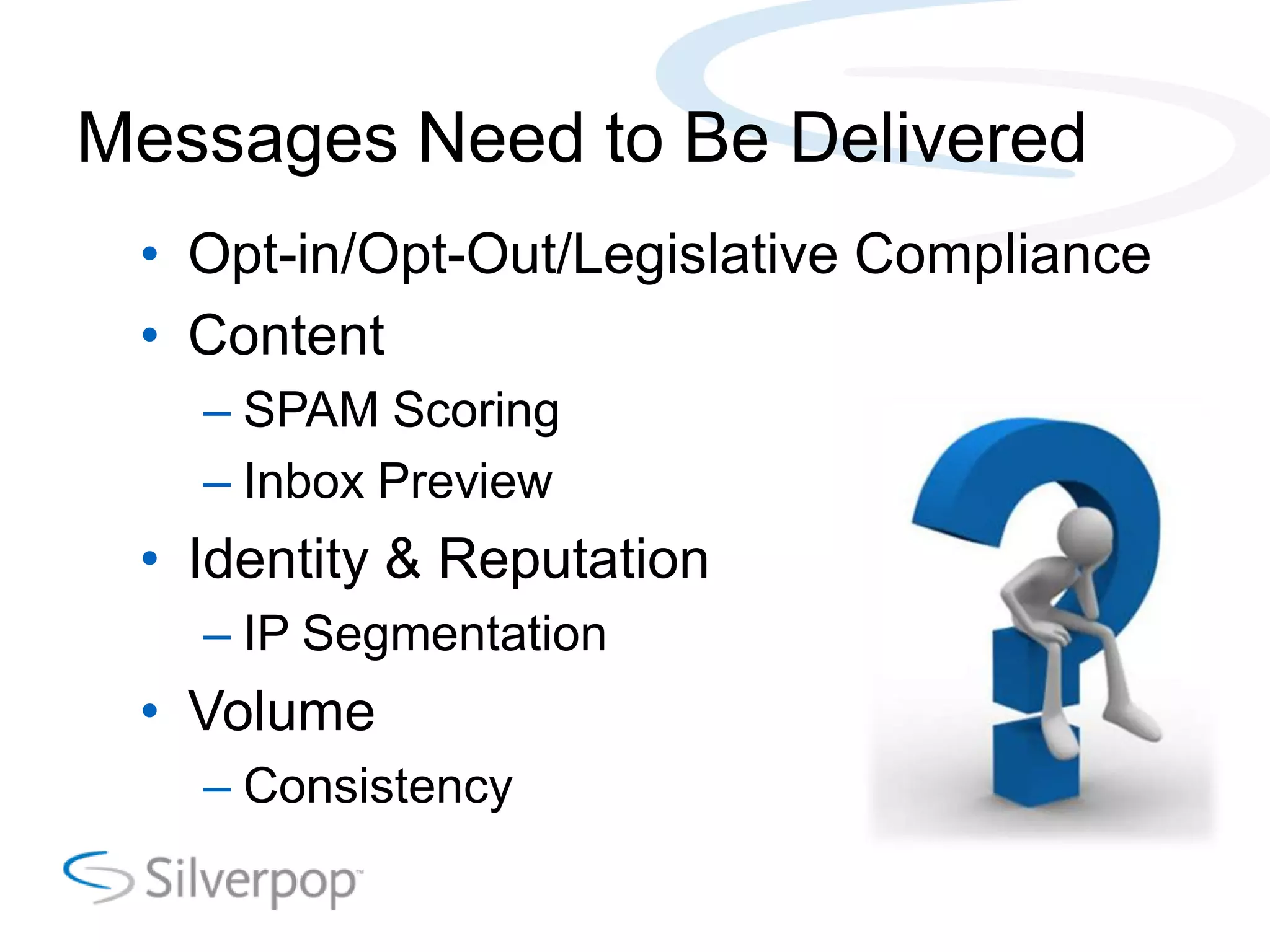 Messages Need to Be Delivered
• Opt-in/Opt-Out/Legislative Compliance
• Content
– SPAM Scoring
– Inbox Preview
• Identity & Reputation
– IP Segmentation
• Volume
– Consistency